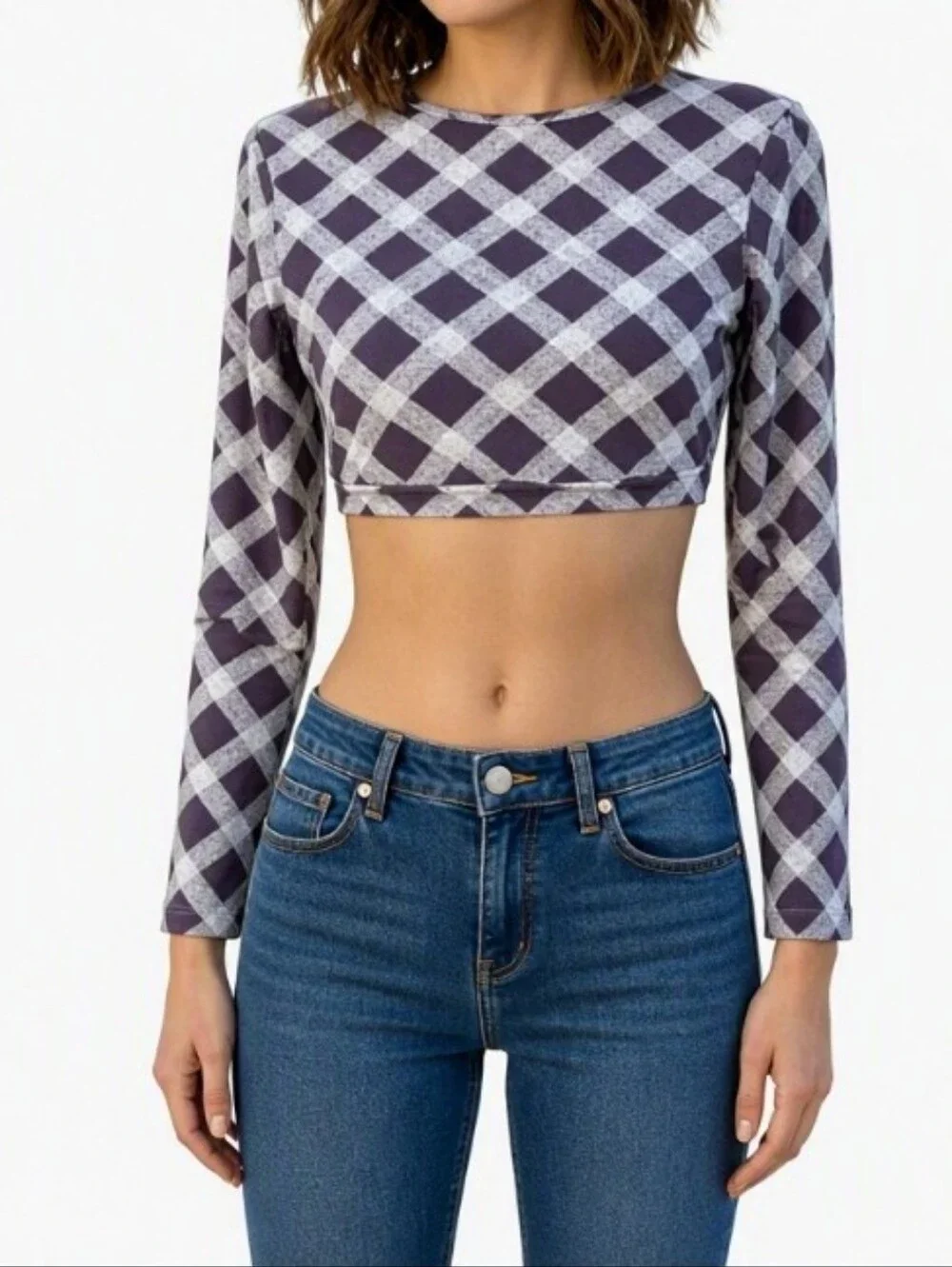 Y2k Vibe Raisins Purple & White Plaid Long-Sleeve Crop Top Rash Guard - fits S/M